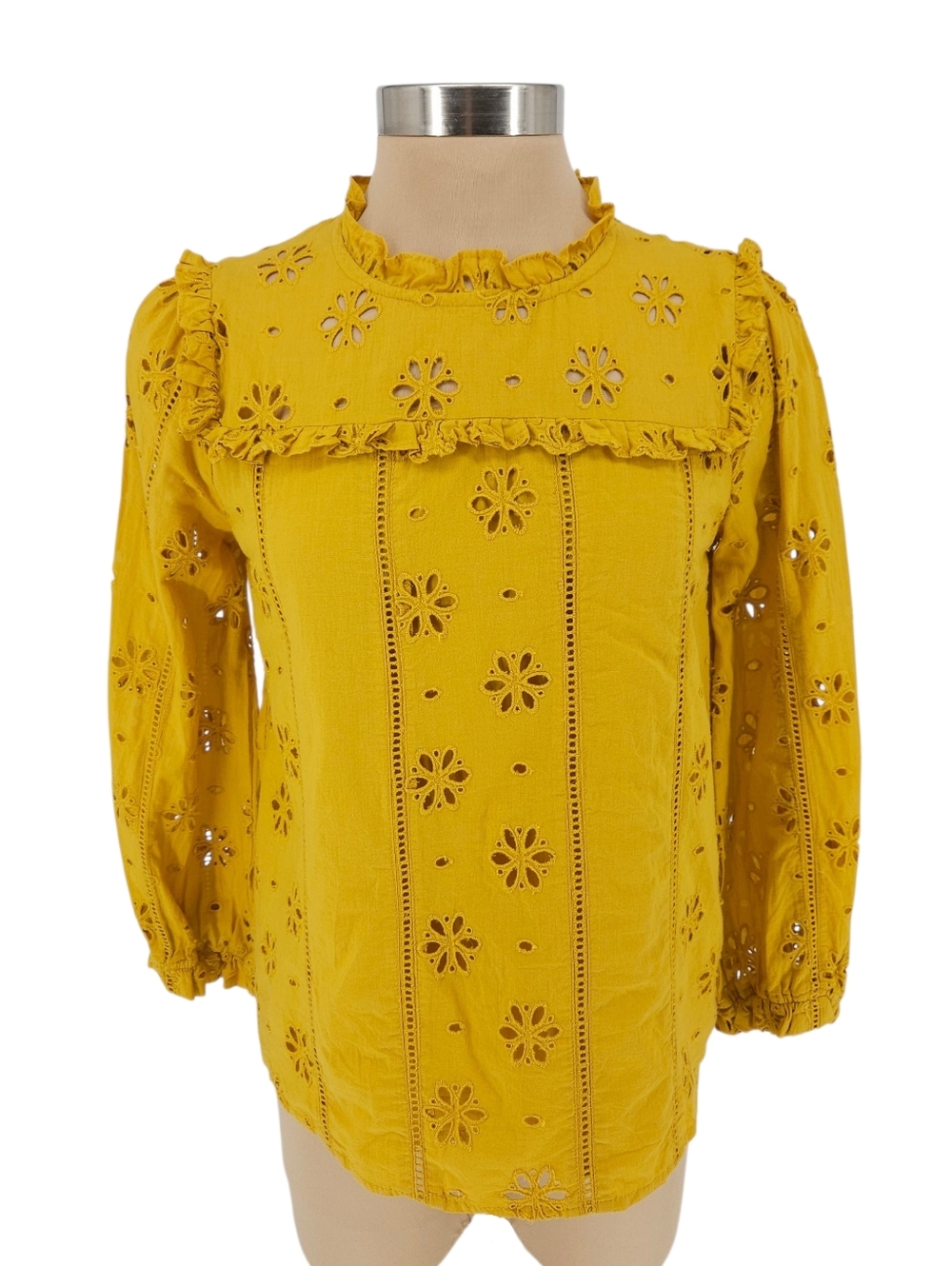J.CREW Blouse Yellow Floral Embroidered Eyelet Long Sleeve Ruffle Top XS